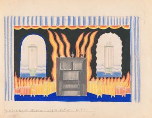 Designs for staged commercial or trade exhibition displays of coal-fired water heaters and furniture.] [Perspective sketch featuring flames