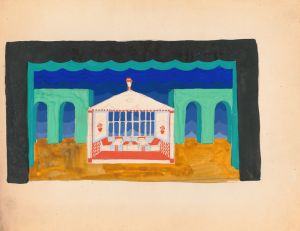 Designs for theater with black-framed proscenium and boldly colored settings.] [Study for stage light wall decoration, Caf ̌Crillon