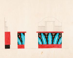 Designs for unidentified restaurant or bar interiors.] [Color study of bar, showing elevations with turquoise and vermillion decorations with tropical theme, no. 1