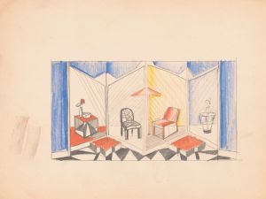 Exhibit design with stage in form of folding screen.] [Sketch of exhibit with modern chairs and tables
