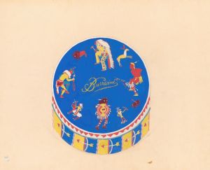 Graphic design drawings for Barricini Candy packages.] [3-D Study, circular candy box with Indian motif on blue background