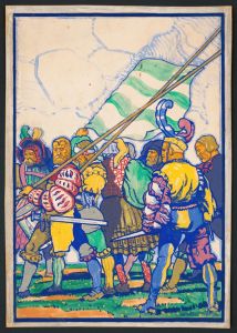 Graphic designs for Scribner’s Magazine cover, Medieval Festival theme.] [Colored drawing of men with medieval clothing and weapons
