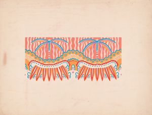Graphic textile or wallpaper designs with geometric patterns.] [Interior; mural color study, tropical theme with palm trees