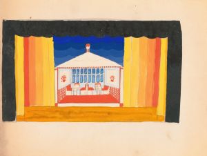 Designs for theater with black-framed proscenium and boldly colored settings.] [Study for stage light wall decoration, possibly for Caf ̌Crillon