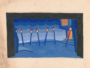 Designs for theater with black-framed proscenium and boldly colored settings.] [Study for stage light wall decoration, possibly for Caf ̌Crillon