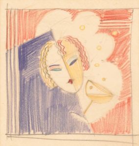 Miscellaneous small sketches for inlaid table tops.] [Design with female face and cocktail beverage