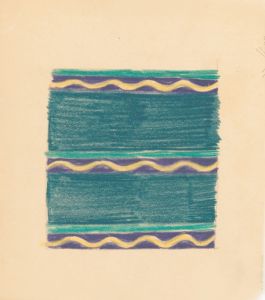 Miscellaneous small sketches for inlaid table tops.] [Design with green lines and yellow wave motif
