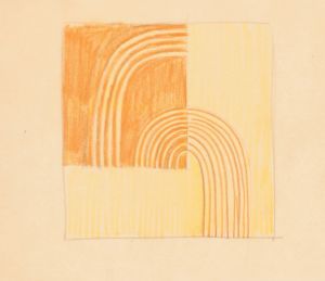 Miscellaneous small sketches for inlaid table tops.] [Design with orange and yellow geometric motif