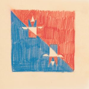 Miscellaneous small sketches for inlaid table tops.] [Design with red and blue cubic motif