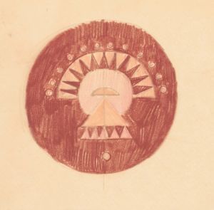 Miscellaneous small sketches for inlaid table tops.] [Design with red and orange circular motif