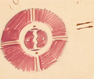 Miscellaneous small sketches for inlaid table tops.] [Design with red geometric motif