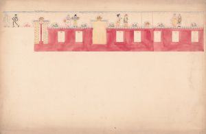 Design for unidentified commercial interior, possibly restaurant or bakery. Elevation with frieze of paired figures