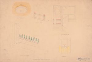 Designs for interior of Shoreham Restaurant. Perspectives and elevations for ceiling lamp, show window, window sign, staircase, and screen renderings