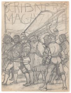 Graphic designs for Scribner’s Magazine cover, Medieval Festival theme. Drawing of men with medieval clothing and weapons, including Scribner’s logo