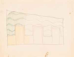 Interior design drawings for unidentified rooms. Sketch for unidentified interior partially colored green and yellow