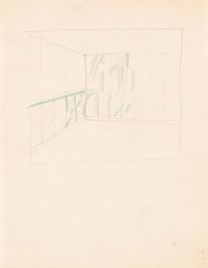 Interior design drawings for unidentified rooms. Sketch with green panels
