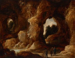 A grotto with figures, a stag and stork