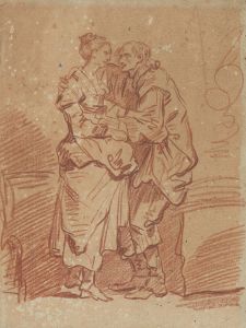 An old man with a bag of money embracing a young woman