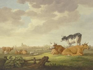 Auf einer Wiese Kühe und Schafe, in der Ferne eine Stadt, links eine Melkerin