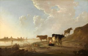 Flusslandschaft mit melkender Frau