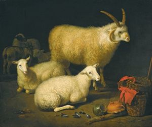A barn interior with a four-horned ram and four ewes, and a goat, with a still life of a basket and upturned pots to the right