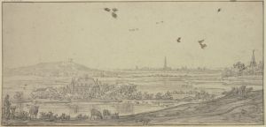 In der Ferne eine Stadt, links ein Haus im Wasser, vorne ein Schafhirte