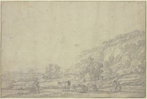 Landschaft mit zwei Hütten, rechts hohe Berge, vorne fünf Kühe