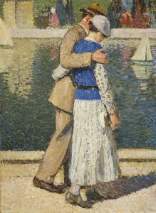 un couple marchant le long du bassin du Luxembourg