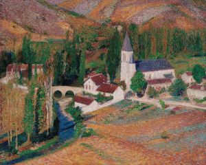 L’église de Labastide-du-Vert avec le pont et la rivère, un soir d’automne