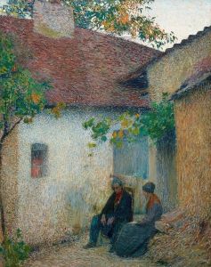 Couple en conversation devant la ferme