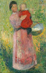 Femme portant dans ses bras un enfant en rouge