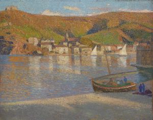 Cinq pécheurs et leur barque échouée sur la grève à Collioure