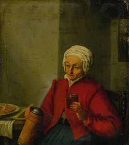 A woman holding a jug and a cup
