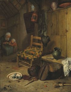 A kitchen interior with a mother and child