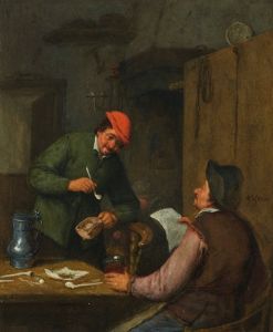 Two peasants smoking, drinking and reading at an inn