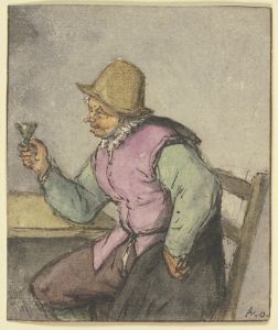 An einem Tisch sitzender Bauer mit Glas, nach links