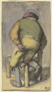Bauer von hinten, mit dem rechten Bein auf einem Stuhl kniend