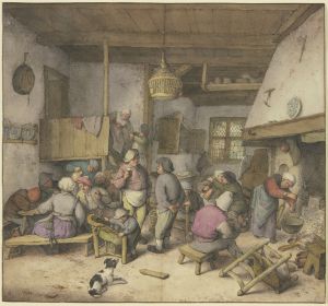 Wirtshausinterieur mit rauchenden, trinkenden und kosenden Bauern