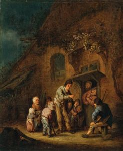 A farmyard with children and peasants listening to a hurdy-gurdy player