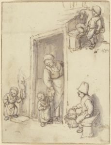 Studienblatt; Eine Mutter und ihre Tochter in der Haustür, ein Mädchen an der Hand der Mutter, und zwei sitzende Jungen