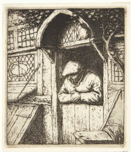 Farmer leaning out of a doorway