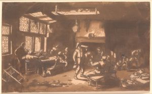 A tavern room with numerous guests