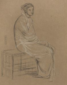 Woman seated on bench, wrapped in white robe