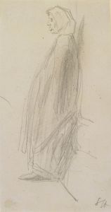 Profile sketch of an old woman standing