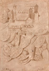 Etude de tentes, casques, boucliers, chaudron et autres objets d’après la colonne Trajane