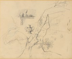 Fragment van een boom, stilleven op een barokke tafel, kruik en figuren