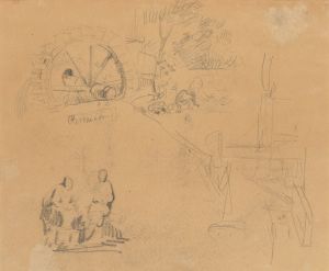 Landschapsfragment met waterrad en twee figuren
