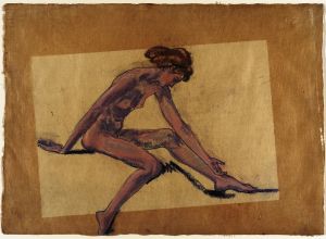 Seated Female Nude in Profile, Bending Forward