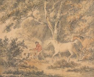 Landscape with Horses, Farmer and Dog