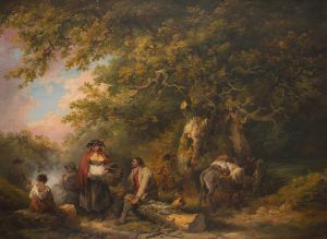 Gypsy Encampment with Seated Man Breaking Firewood